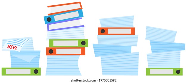 Stack of documents and assignments isolated on white background. Paper sheets with tasks for doing at work. List of assignments to be done by employee at work. Sheets of paper with inscription task