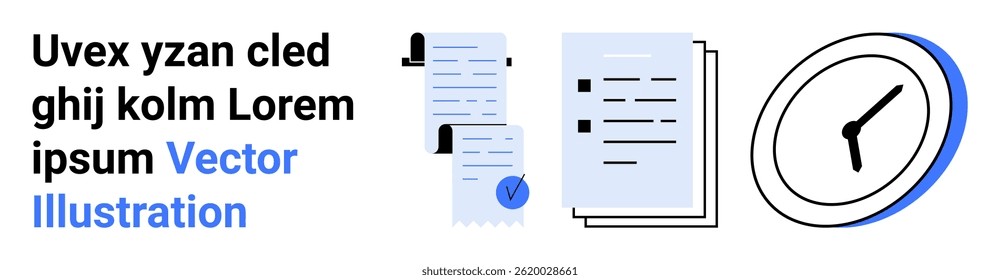 Stack of documents, checklist with checkmark, clock symbolizing time management