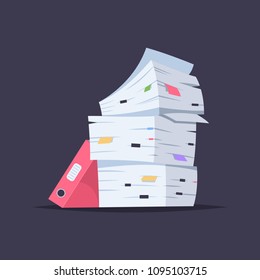 Stack of documents, files and folders. Vector cartoon flat illustration of office paper pile isolated on background.