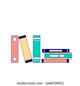 A stack of documents in folders and books. Desktop Objects. Elements in pink, yellow, turquoise and blue colors. Bright modern style illustration.