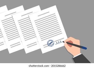 Stack of documents and hand of person wearing business suit, signing and stamping them. Concept of signing of new acts, decrees, agreements, political, legal or business relationships