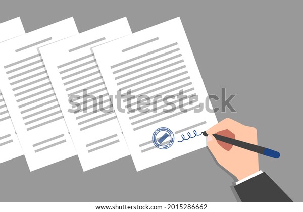 Stack of\
documents and hand of person wearing business suit, signing and\
stamping them. Concept of signing of new acts, decrees, agreements,\
political, legal or business\
relationships