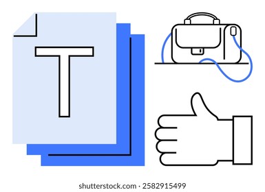 Stack of documents with large T, simple line-drawn briefcase, thumbs-up hand gesture. Ideal for business, communication, agreements, document management, office work, positive feedback
