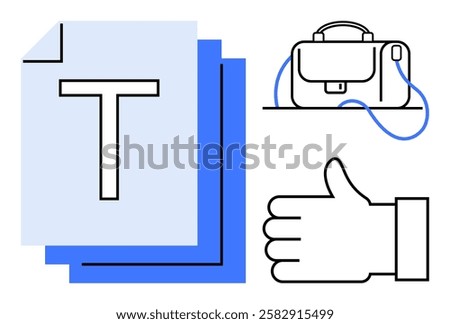 Stack of documents with large T, simple line-drawn briefcase, thumbs-up hand gesture. Ideal for business, communication, agreements, document management, office work, positive feedback