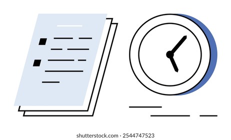 A stack of documents next to a simplistic clock. Ideal for time management productivity business scheduling office work efficiency. Minimalist clean vector style