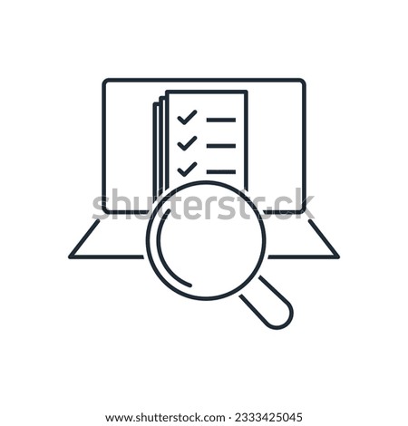 A stack of documents on the monitor screen and a magnifying glass. Data resource. A source of information. Vector linear icon isolated on white background.