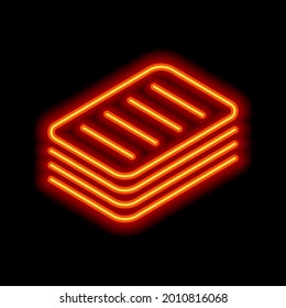 Stack of documents of papers, business icon. Orange neon style on black background. Light linear icon with editable stroke