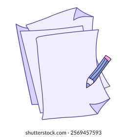 Stack of documents with a pencil. Paper document symbol. Vector hand drawn illustration isolated on white background.