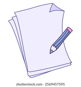 Stack of documents with a pencil. Paper document symbol. Vector hand drawn illustration isolated on white background.