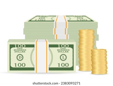 Stack of Dollar Banknote or Money Pack and Golden Coins. Investment, Saving and Wealth Concept. Vector Illustration. 