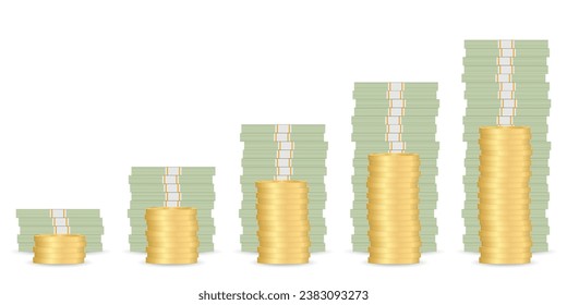 Stack of Dollar Banknote or Money Pack and Golden Coins. Investment, Saving and Wealth Concept. Vector Illustration. 