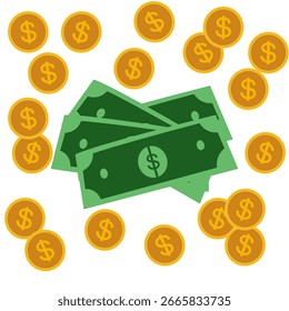 Pila de billetes de dólar y monedas de oro en estilo de diseño plano que representa la riqueza y las finanzas en Arte vectorial