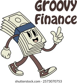 Stack of dollar bills groovy finance character. Stack of dollar bills retro groovy finance character walking with a peace sign and a thumbs-up hand gestures