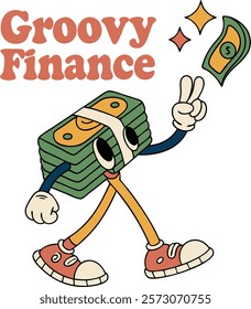 Stack of dollar bills groovy finance character. Stack of dollar bills retro groovy finance character walking with a peace sign and a thumbs-up hand gestures