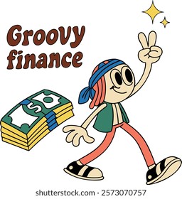 Stack of dollar bills groovy finance character. Stack of dollar bills retro groovy finance character walking with a peace sign and a thumbs-up hand gestures