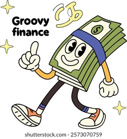 Stack of dollar bills groovy finance character. Stack of dollar bills retro groovy finance character walking with a peace sign and a thumbs-up hand gestures