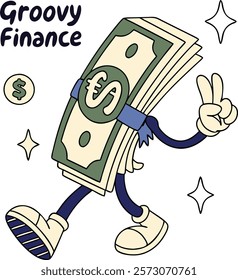 Stack of dollar bills groovy finance character. Stack of dollar bills retro groovy finance character walking with a peace sign and a thumbs-up hand gestures