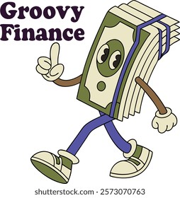 Stack of dollar bills groovy finance character. Stack of dollar bills retro groovy finance character walking with a peace sign and a thumbs-up hand gestures