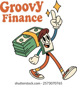 Stack of dollar bills groovy finance character. Stack of dollar bills retro groovy finance character walking with a peace sign and a thumbs-up hand gestures