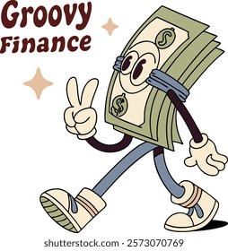 Stack of dollar bills groovy finance character. Stack of dollar bills retro groovy finance character walking with a peace sign and a thumbs-up hand gestures