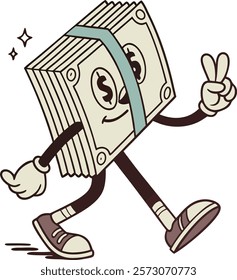 Stack of dollar bills groovy finance character. Stack of dollar bills retro groovy finance character walking with a peace sign and a thumbs-up hand gestures