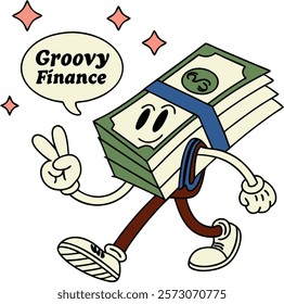 Stack of dollar bills groovy finance character. Stack of dollar bills retro groovy finance character walking with a peace sign and a thumbs-up hand gestures