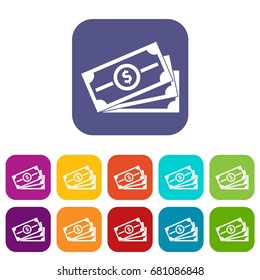 Stack of dollar bills icons set vector illustration in flat style in colors red, blue, green, and other