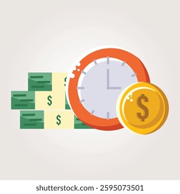 A stack of dollar bills and a large clock with a gold coin symbolize the value of time in financial management, representing business investment, time efficiency, and monetary planning.