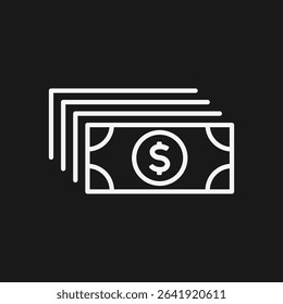 Stack of Dollar Bills on Black Background, Representing Cash, Money, or Financial Transactions, White Outline Icon
