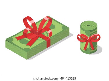 Stack of dollar bills and roll of banknotes tied with a red ribbon  with bow. Financial gift, bonus, present or prize. Money. Isometric vector illustration