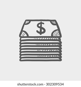 Stack of dollar bills sketch icon for web and mobile. Hand drawn vector dark grey icon on light grey background.