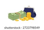 Stack of dollar bills tied with string next to piles of gold coins and a blue coin purse isolated on a plain white background for finance.