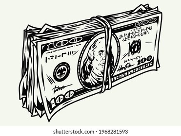 Stack of dollar bills in vintage monochrome style isolated vector illustration