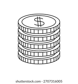 Pilha de moedas de dólar. Ilustração do esboço preto do crescimento financeiro e da economia. Ilustração vetorial.