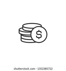 Stack of dollar coins with coin in front of it. Flat black  line icon. Isolated on white. Economy, finance, money pictogram. Wealth symbol.  Vector illustration.