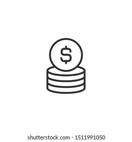 Stack of dollar coins with coin in front of it. Flat black  line icon. Isolated on white. Economy, finance, money pictogram. Wealth symbol.  Vector illustration.