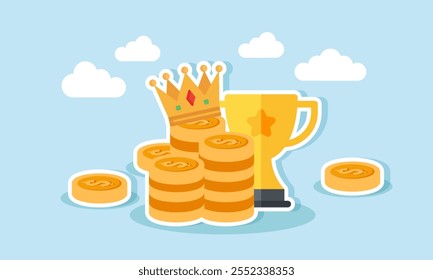 A stack of dollar coins with a crown on top and a trophy in the background, illustration of business profits when becoming a leading company in its field and class