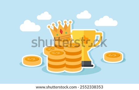 A stack of dollar coins with a crown on top and a trophy in the background, illustration of business profits when becoming a leading company in its field and class