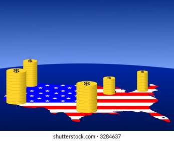 stack of Dollar coins with map and flag of USA