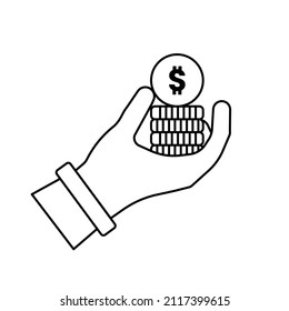 Stack of Dollar Coins on Hand Outline Icon Illustration on White Background
