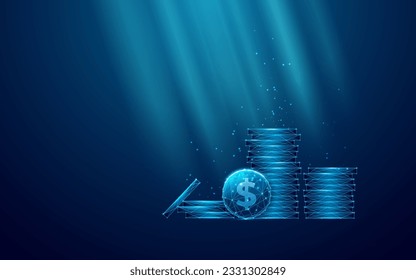 Stack of Dollar Coins on Modern Blue Background. Digital Money Concept. Futuristic Low Poly Wireframe Vector Illustration. Abstract towers made out of coins consist of connected dots and polygons.