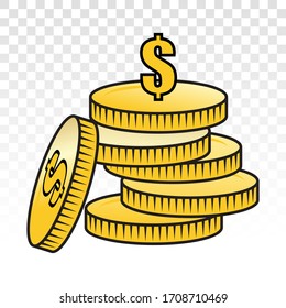 Stack of dollar coins or payment dollar bill vector flat icon on a transparent background