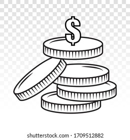 Stack of dollar coins or payment dollar bill vector flat icon on a transparent background