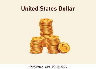 Stack of Dollar gold coins. Realistic 3D gold coins. Ecommerce free credit concept.