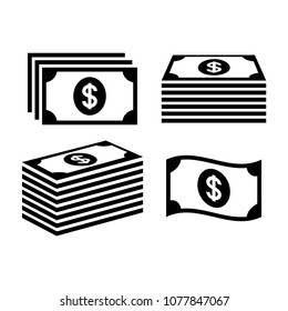 Stack of dollar money icons. Banknote icon set. Pile of money icons. Money stack.