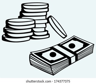 Stack dollars banknotes and coins isolated on blue background