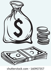 Stack dollars banknotes, moneybag and coins isolated on blue background