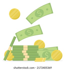Stapel von Dollar und Münzen. Die Auszahlung ist groß. Erhalten eines Gehalts oder einer anderen Zahlung. Vektorgrafik in Flachstil