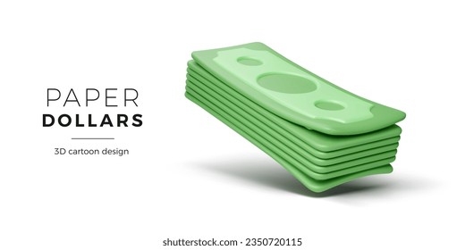 Stack of dollars. Green paper currency. 3D cartoon bundle of money isolated on white background. Vector illustration