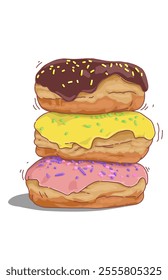 Stack of donuts with chocolate and colorful sprinkles topping